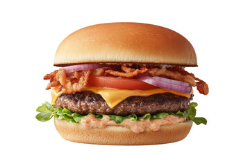 Hamburger with bacon, cheese, and onions, isolated