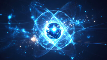 Naklejka premium A glowing blue energy symbol with a central orb surrounded by a circular ring and streaks of light. the symbol is on a dark blue background. Magnetic Light Resonance. Illustration