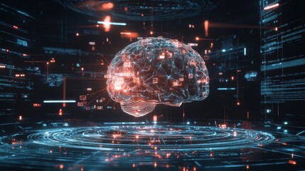 Obraz premium Futuristic Digital Brain with Data Streams and Technology Visuals