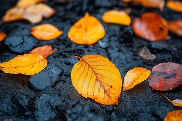 A close-up of vibrant autumn leaves in shades of orange and yellow resting on a dark, textured surface, creating a warm and serene atmosphere.