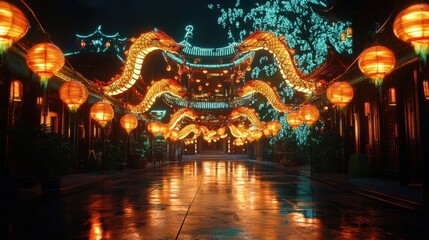 Obraz premium Vibrant Night Scene with Lanterns and Serpentine Decoration