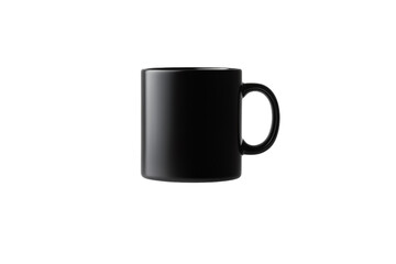 Black coffee mug sits on a white background, isolated