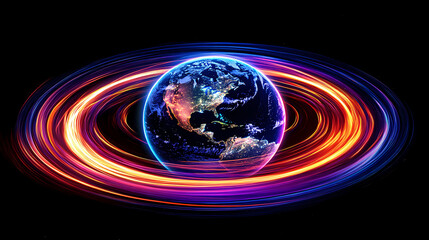 A vibrant, glowing earth encircled by rings of energy, radiating light and color in a dark space. the planet is centered, with north america visible. Magnetic Light Resonance. Illustration