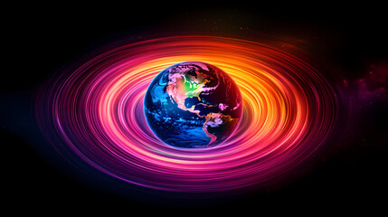 A vibrant, glowing earth encircled by rings of energy, radiating light and color in a dark space. the planet is centered, with north america visible. Magnetic Light Resonance. Illustration