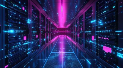 Futuristic Data Center with Bright Lights and Colorful Technology