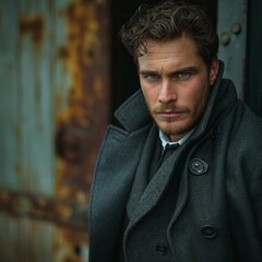Obraz premium A handsome Caucasian man with curly hair and blue eyes poses in a stylish grey coat, exuding confidence and intensity.