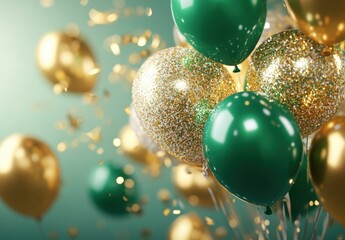 Colorful Party Balloons with Glitter in Green and Gold Background