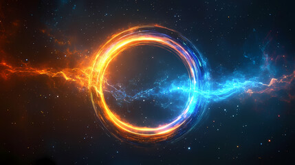 Obraz premium Abstract glowing ring emits vibrant blue and orange energy rays in deep space. cosmic and dynamic, it suggests power and mystery. Magnetic Light Resonance. Illustration
