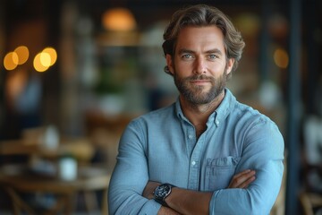 Fototapeta premium A confident Caucasian man in a light blue shirt stands with arms crossed, showcasing a relaxed yet assertive demeanor in a cozy café setting.