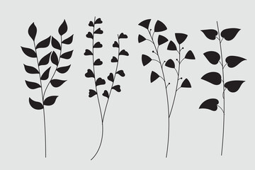 Botanical silhouette elements. Floral doodles. Set of abstract twigs with leaves of different shapes. © Khulqi Design
