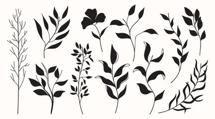  Botanical Vintage Silhouette Collection. Elegant Nature Vector Set.