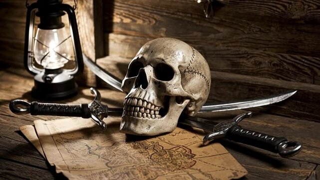 A weathered skull and crossed cutlasses on a wooden table, illuminated by a flickering lantern's shadows.