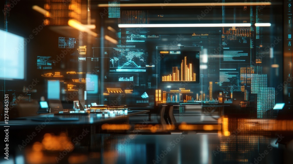 Wall mural futuristic digital data center with interactive screens and graphs