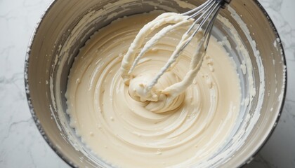 Creamy Whipped Dessert Mixture in Metal Bowl with Whisk Close up Food Photography