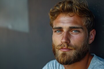 Fototapeta premium Portrait of a young Caucasian male with striking blue eyes and a full beard, set against a dark background.