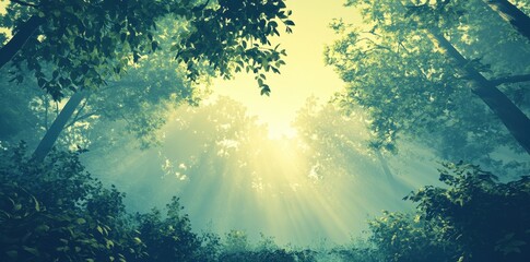 Obraz premium Sunbeams filter through lush trees in a misty forest