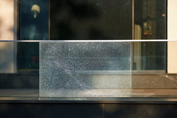 Shattered glass railing in front of modern building reflecting the urban environment, damage and architectural details. Close-up of cracked glass panel on contemporary structure, surrounding cityscape