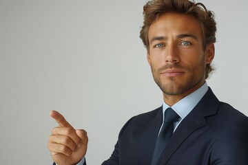 Confident young Caucasian man in a suit pointing to the side, showcasing professionalism and approachability.