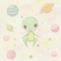 Cute green alien surrounded by planets and stars