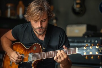 Fototapeta premium A focused Caucasian man playing an electric guitar in a cozy music studio.