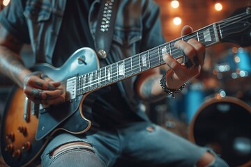Fototapeta premium A male musician passionately strums an electric guitar in a cozy, dimly lit space, surrounded by instruments.
