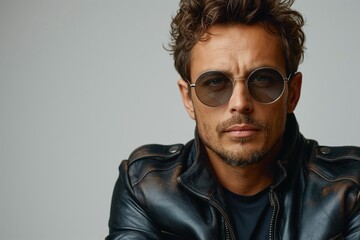 Obraz premium Stylish Caucasian man in a black leather jacket and sunglasses, exuding confidence and attitude.