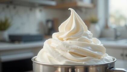 Delicious Creamy Whipped Cream Dessert in Metal Bowl Close Up Shot