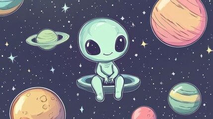 Fototapeta premium Cute cartoon alien sitting in a spaceship in space