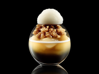 Elegant dessert in a glass bowl: layered liquid fruit pieces crumb topping and a scoop of frozen treat.