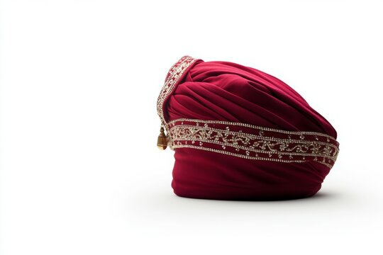 Red turban with a gold and silver design sits on a white background