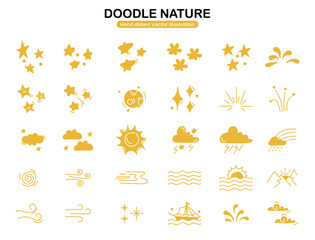 Weather yellow doodle hand drawn with stars,sun clouds.Cartoon vector illustration.
