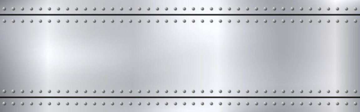 Metal rivets background. Brushed steel template. Industrial texture with light effect. Bright scratched alloy. Polished metal frame. Wide metallic backdrop. Vector illustration.