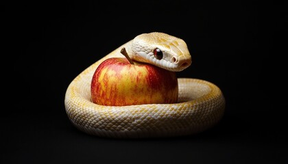 Fototapeta premium White Snake Curled Around Red Apple on Black Background