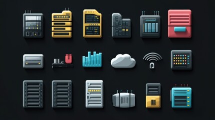 Modern Server Icons Set for Data Storage and Management Concepts