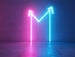 Neon arrows, upward trend, dark room, glowing reflection, website banner
