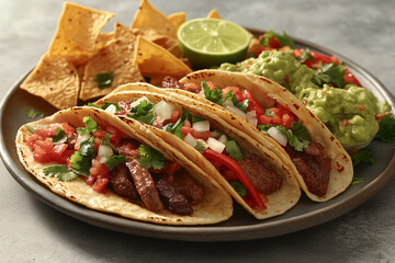 Delicious Steak Tacos with Guacamole and Tortilla Chips