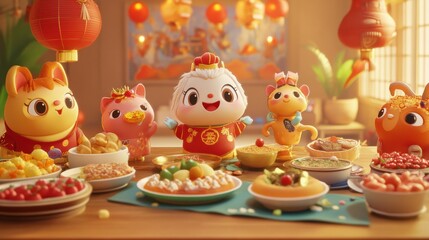 Festive Celebration with Colorful Cartoon Animals and Delicious Dishes
