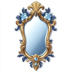 Elegant Ornate Gold Mirror Frame with Blue Roses Baroque Style Luxury Interior Design