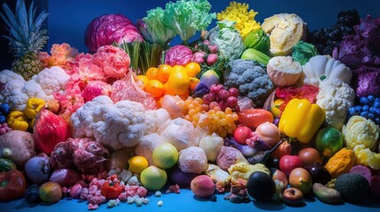 Vibrant display of assorted fresh fruits and vegetables arranged artistically against a blue backdrop