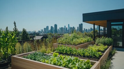 Rooftop garden with city view; urban farming, sustainable living