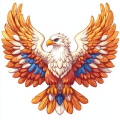 Obraz premium Majestic Eagle with Vibrant Orange Blue and White Feathers Wings Spread Wide