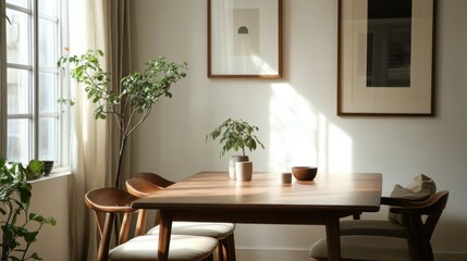 Bright and Stylish Dining Area with Wooden Furniture and Plants