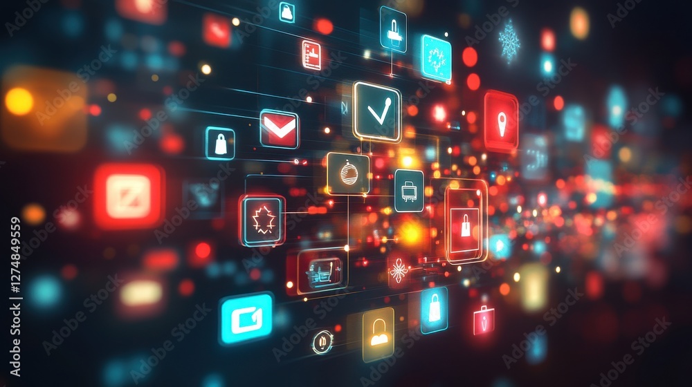 Wall mural abstract digital background with colorful icons and technology symbols