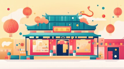 Vibrant Traditional Asian Building with Lanterns and Dragon Design