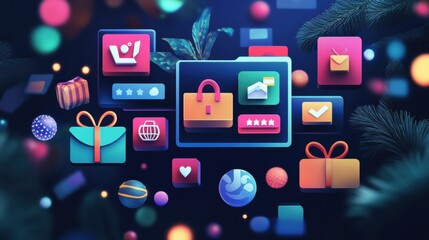 Fototapeta premium Colorful Digital Icons for Online Shopping and Security Concept