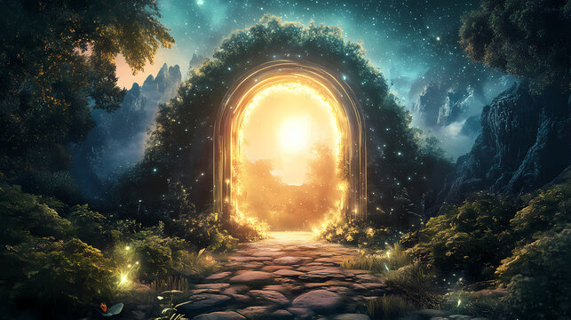Illuminated portal imagery in a futuristic landscape representing a gateway to a parallel dimension. Glowing Parallel Dimensions. Illustration