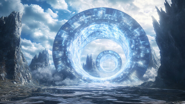 Illuminated portal imagery in a futuristic landscape representing a gateway to a parallel dimension. Glowing Parallel Dimensions. Illustration