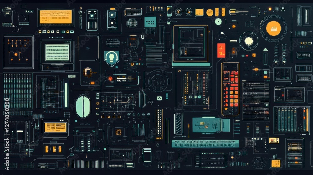 Poster futuristic interface design with various digital elements and patterns