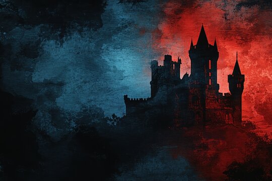 Dark and imposing castle towers against a dual colored sky