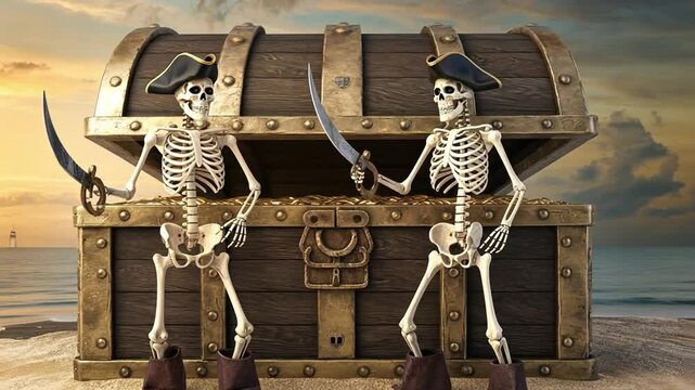 Two cursed pirate skeletons guard a massive treasure chest, gripping rusted cutlasses with glowing empty eye sockets.